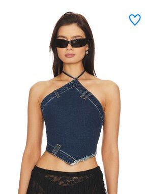 Superdown Dark Denim Halter Crop Top